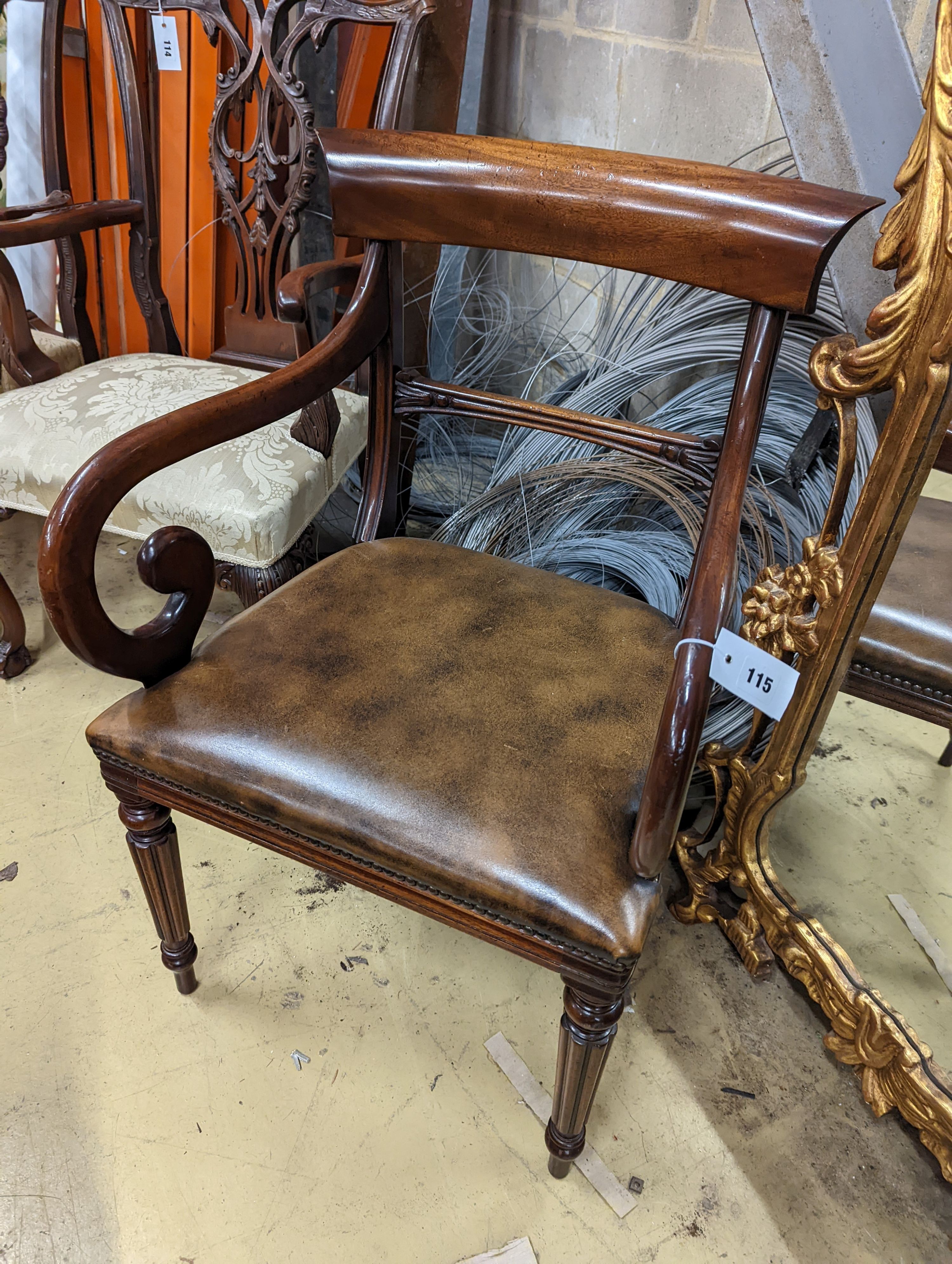 A Regency design mahogany elbow chair, width 54cm, depth 46cm, height 89cm